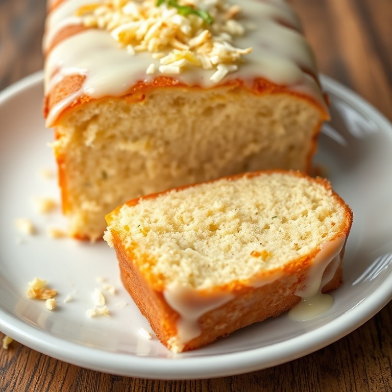 Sliced moist coconut loaf cake with coconut glaze drizzled over top