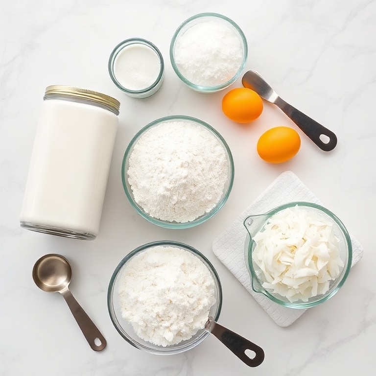 Raw ingredients for coconut loaf cake: shredded coconut, all-purpose flour, granulated sugar, eggs, coconut milk