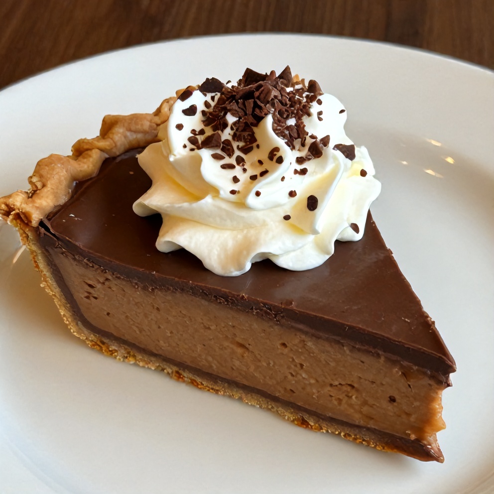 Sliced No-Bake Chocolate Peanut Butter Pie on a white plate with a dollop of whipped cream