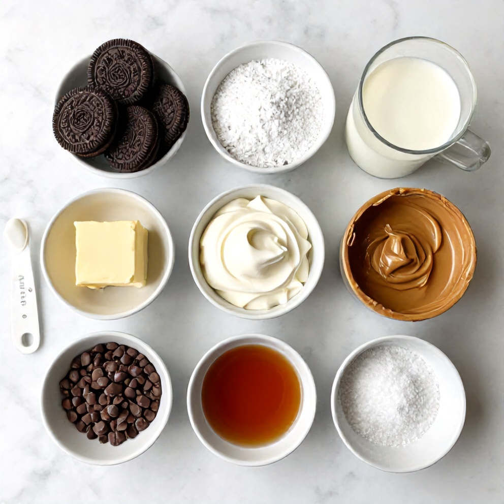 Raw ingredients for No-Bake Chocolate Peanut Butter Pie arranged on a white marble surface