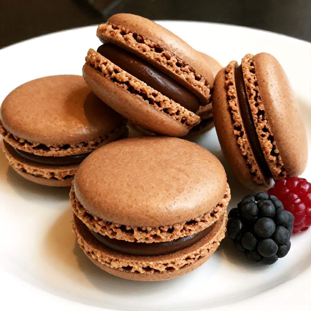 Chocolate macarons filled with buttercream on a white plate
