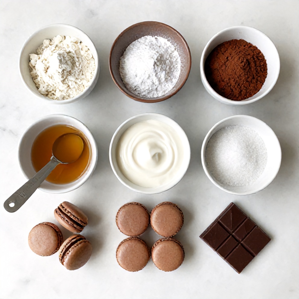 Raw ingredients for chocolate macarons on a marble surface