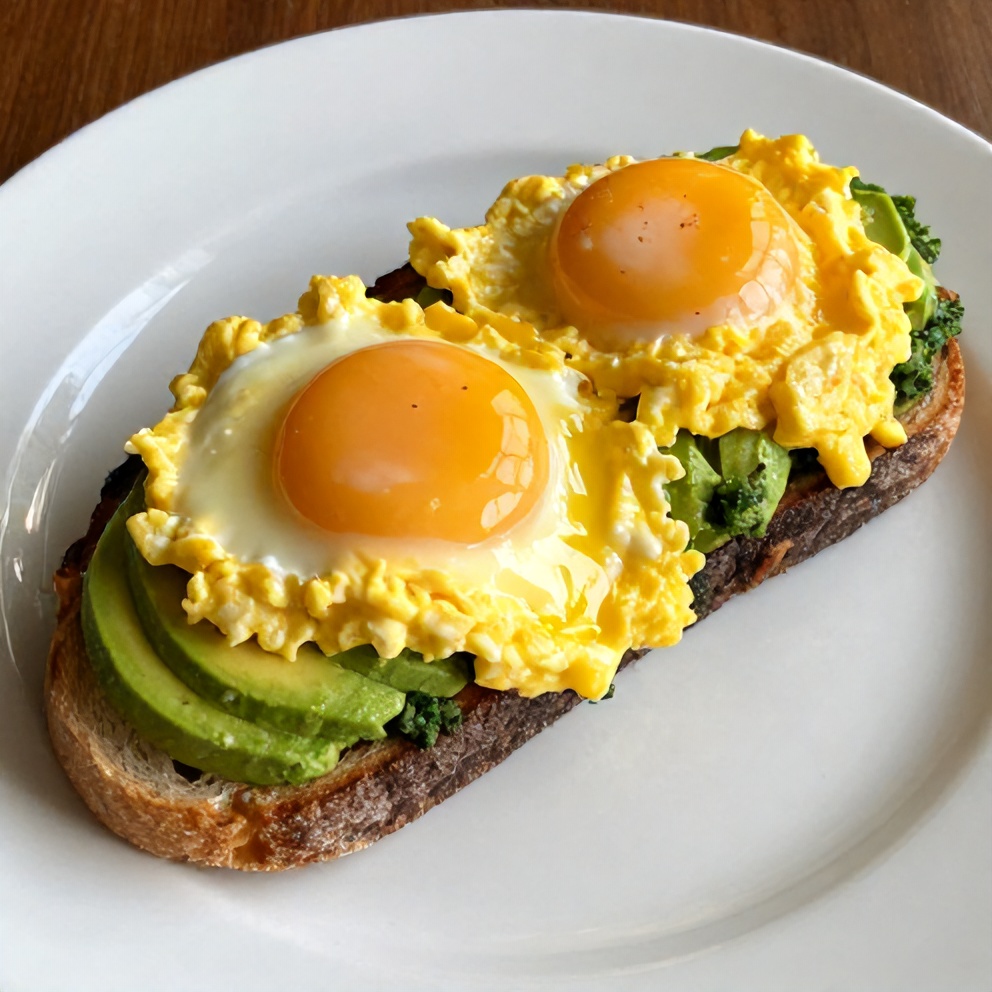 Pesto eggs on avocado toast on a white plate