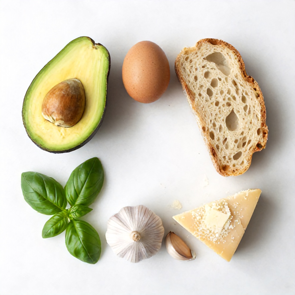 Avocado, eggs, basil, garlic, parmesan, and bread on a white marble surface