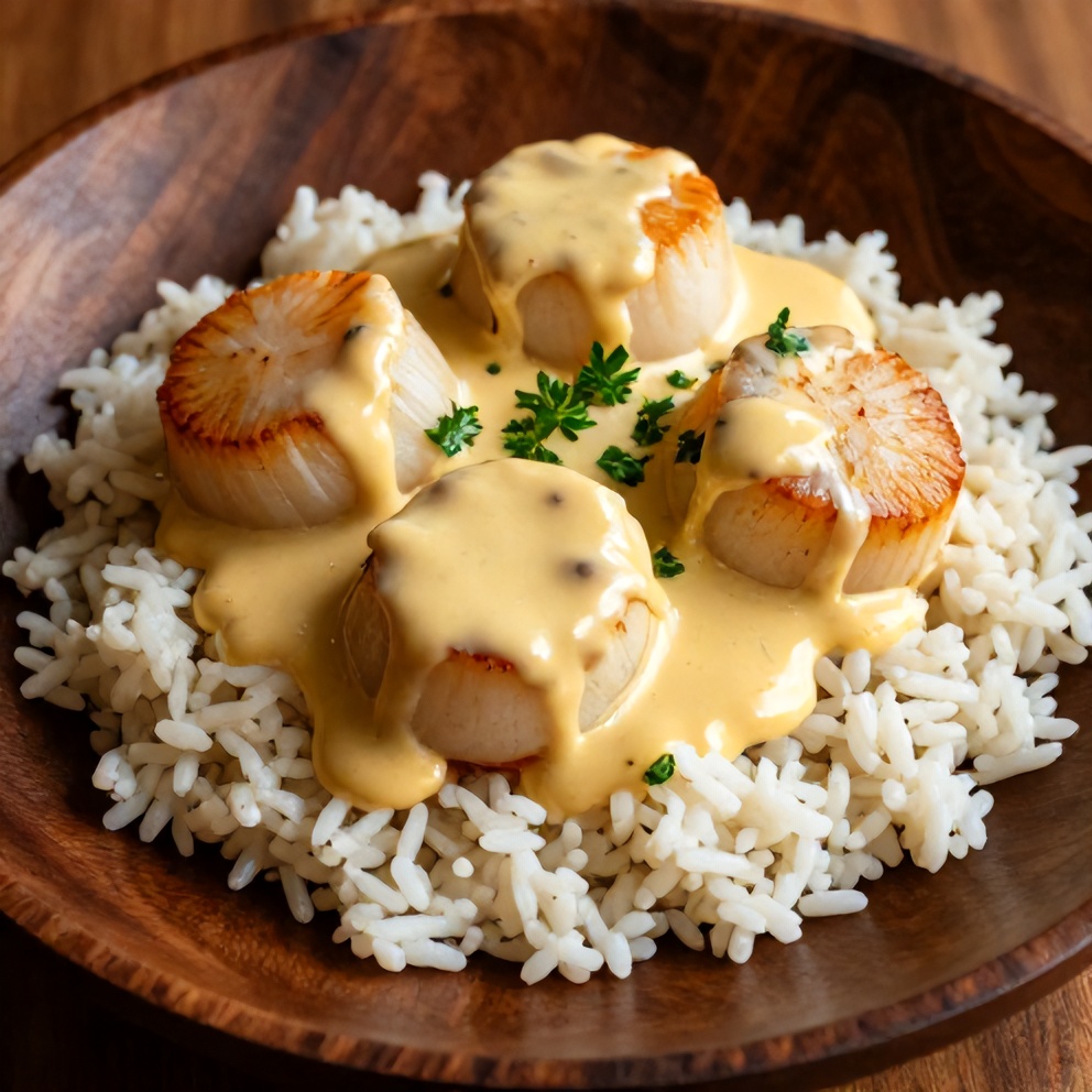 Plated Quick Cajun Scallops in Creamy Mustard Sauce