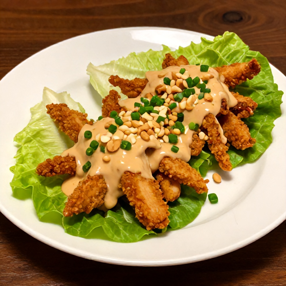 Plated chicken lettuce wraps with peanut sauce