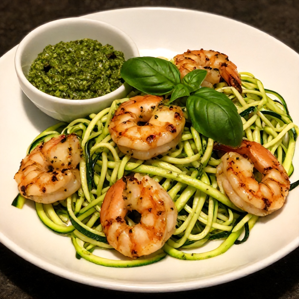 Plated zucchini noodles with pesto and grilled shrimp