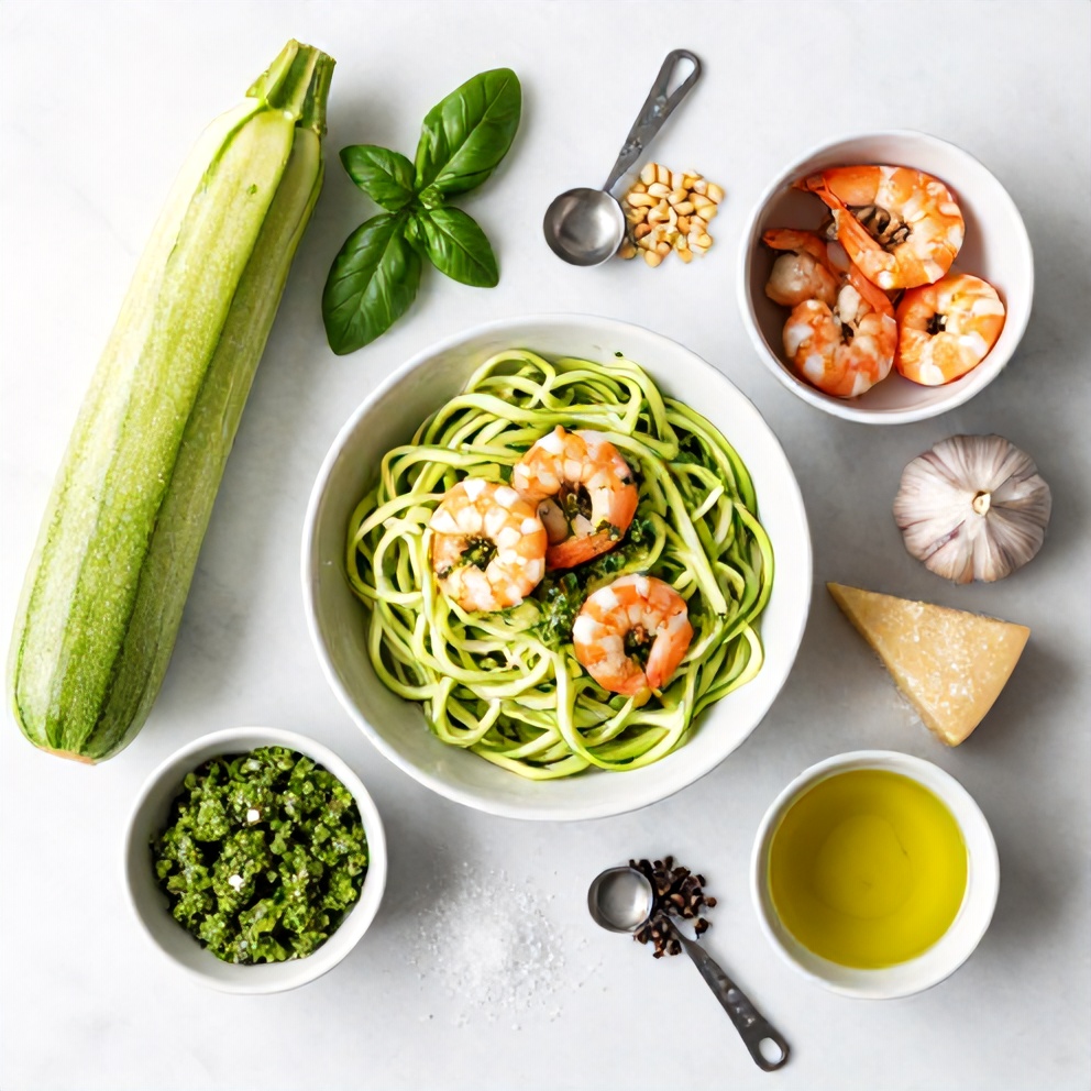 Raw ingredients for zucchini noodles with pesto and shrimp