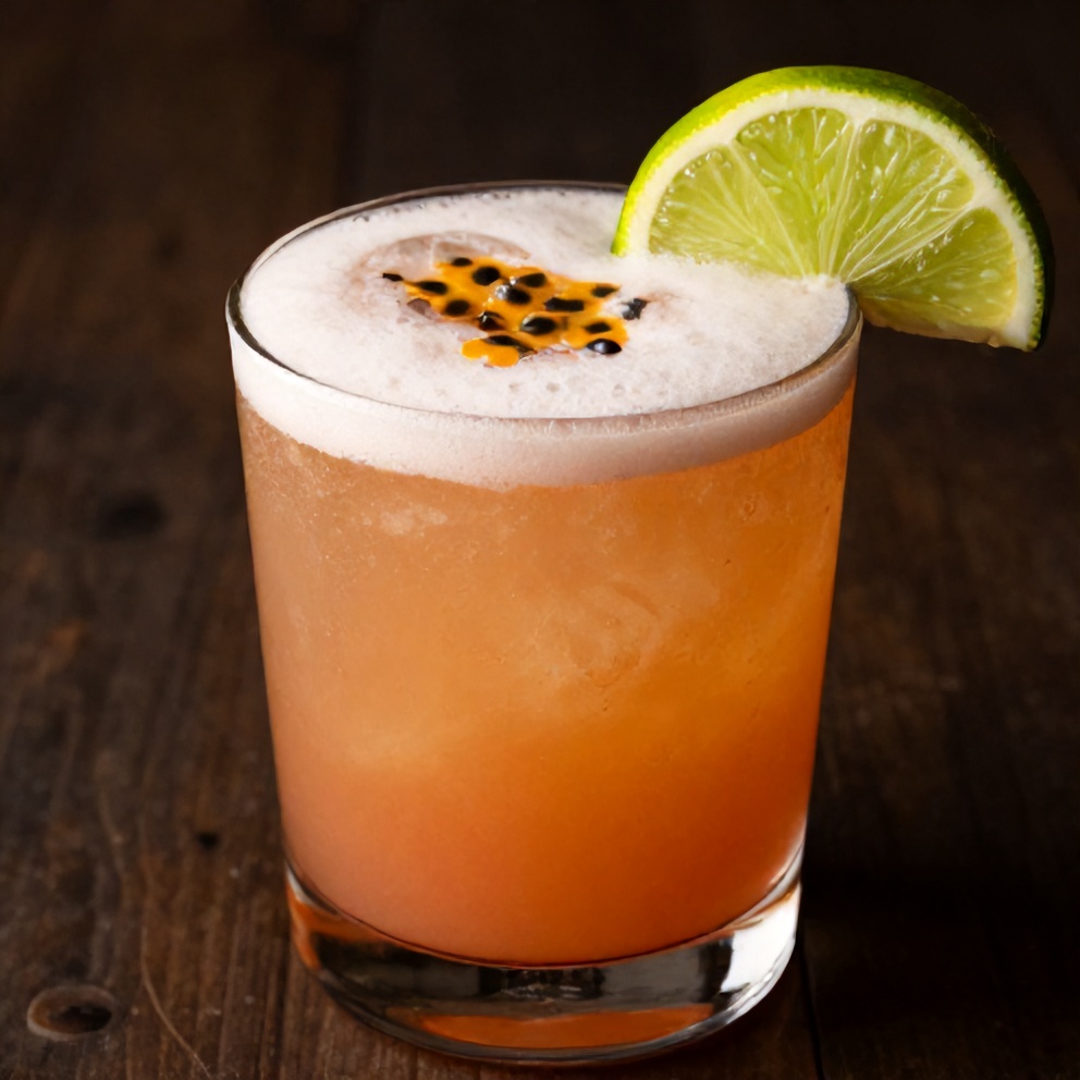 Raspberry Passionfruit Tequila Sour Cocktail Garnished with Lime Wheel