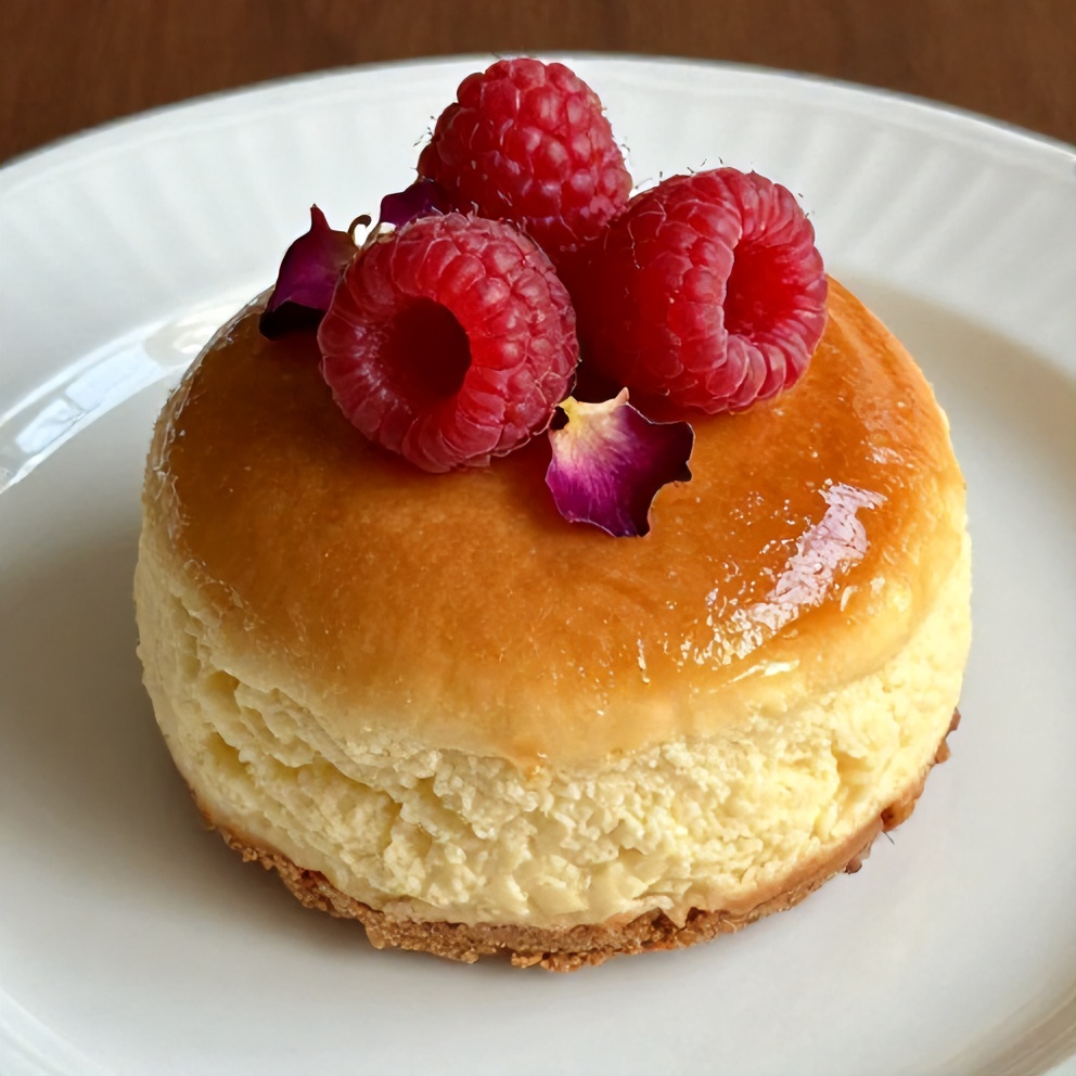 One raspberry rose cheesecake bun on white ceramic plate, garnished with fresh raspberries and edible rose petals, close-up, warm side lighting highlighting soft crumb and glaze
