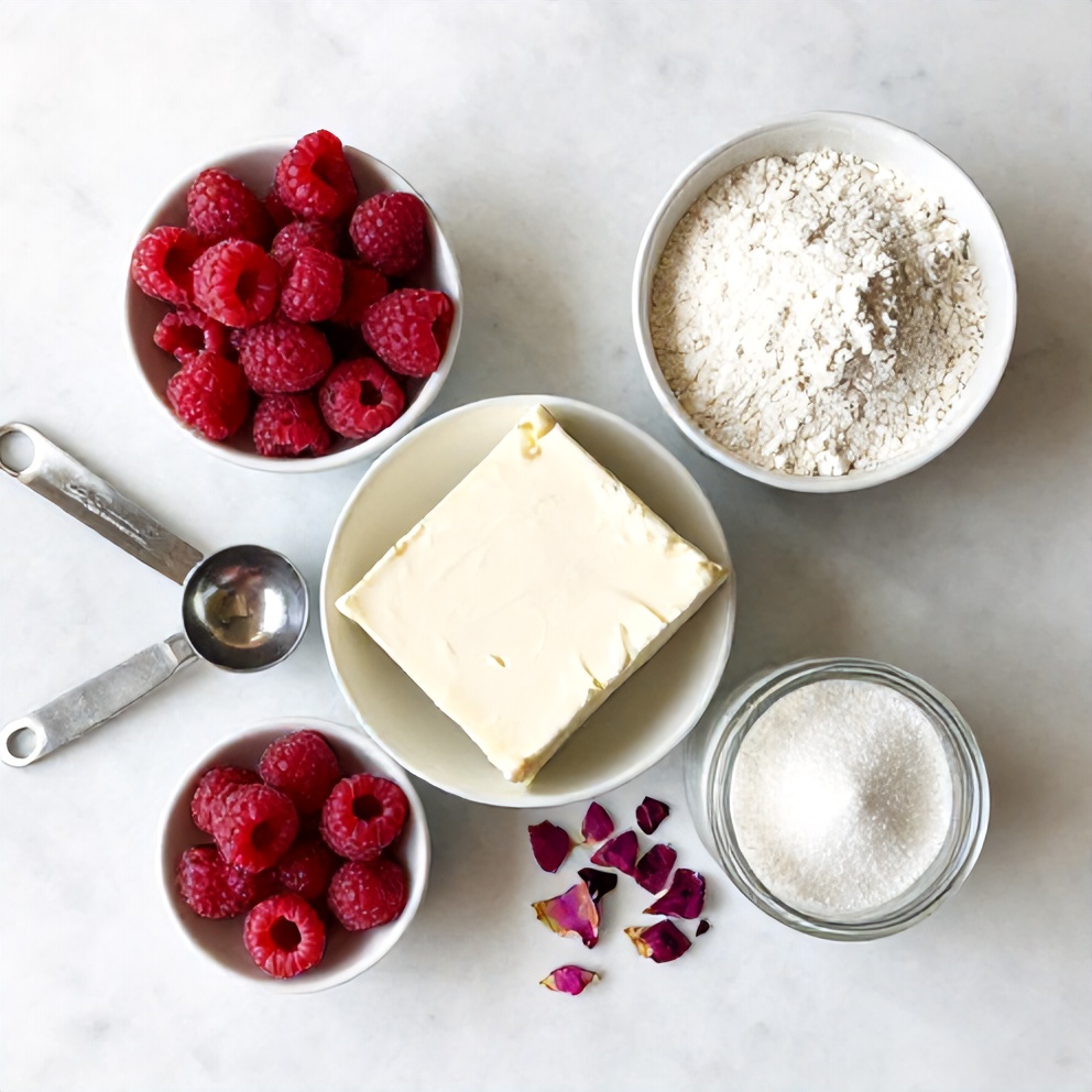 Fresh raspberries, full-fat cream cheese, all-purpose flour, granulated sugar, dried rose petals, small ceramic bowls, stainless steel measuring spoons, white marble surface