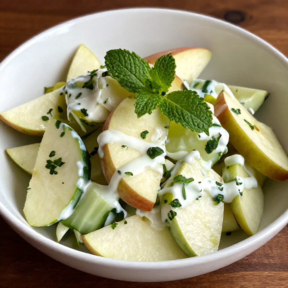 Plated apple cucumber salad garnished with mint leaves in a white bowl with textured wooden surface
