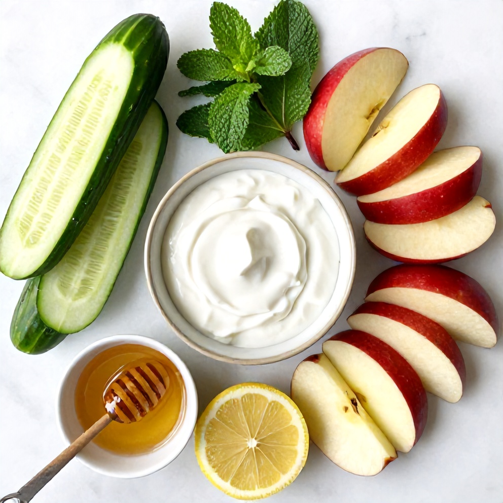 Overhead view of fresh apples, cucumber, mint leaves, yogurt, and lemon arranged with prep bowls on white marble surface