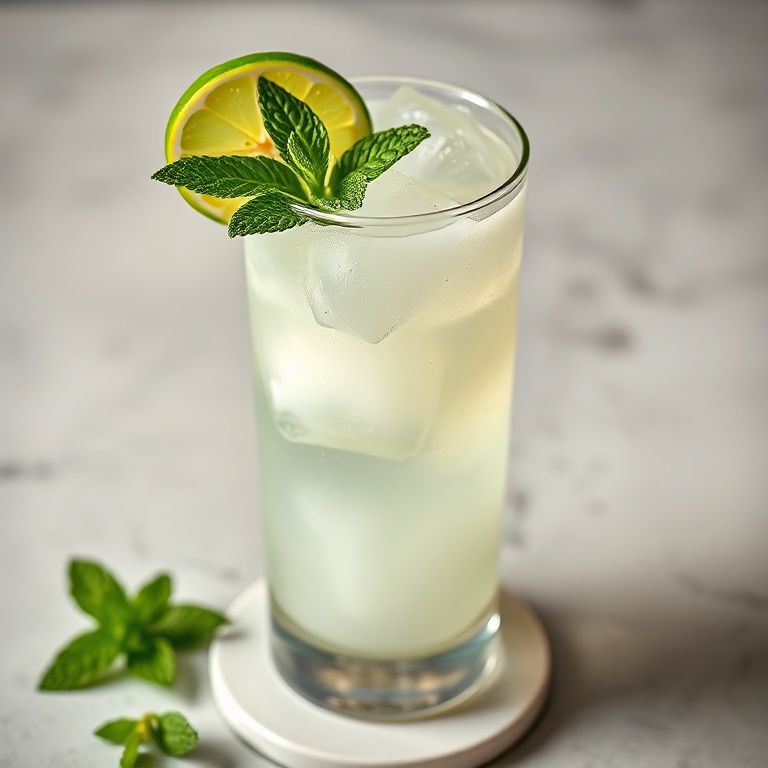 Close-up of a tall chilled glass filled with refreshing coconut lime mocktail, ice cubes, lime wheel, and fresh mint sprig on a matte white ceramic coaster.