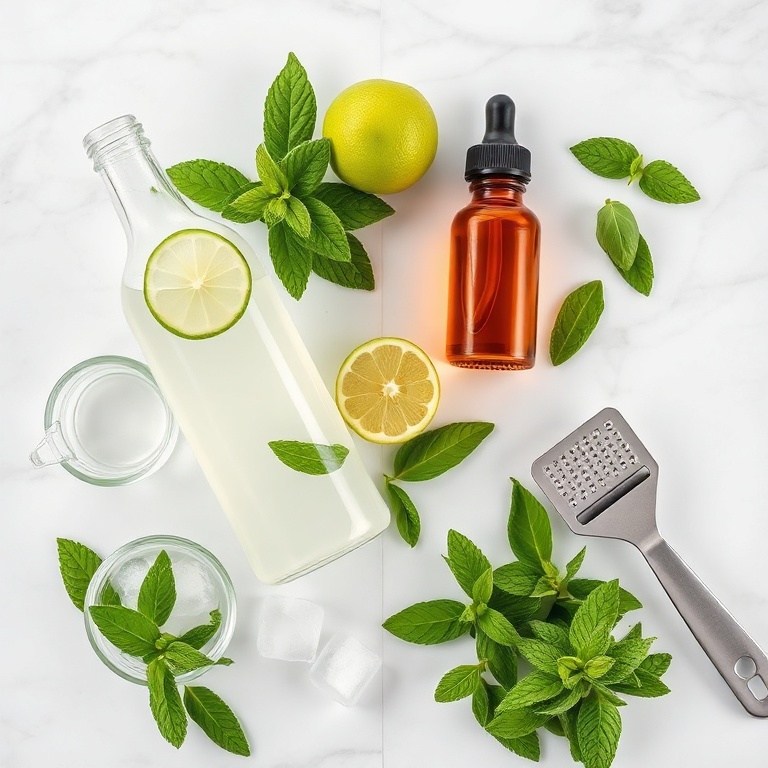 Overhead flat lay of coconut water, fresh limes, mint leaves, agave syrup, and ice cubes on white marble with measuring spoons.