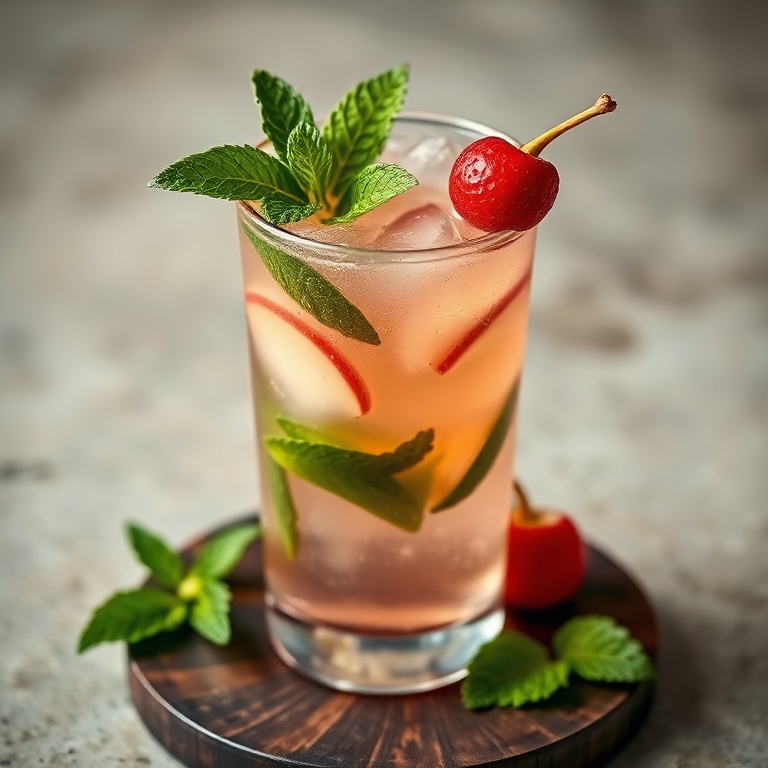 Single glass of lychee rose mojito garnished with mint sprig and lychee fruit on clear glass with warm side lighting