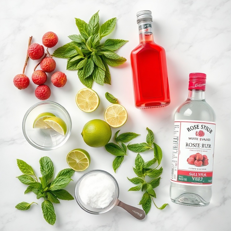 Flat lay of lychee fruit, fresh mint leaves, lime wedges, rose syrup bottle, white rum bottle, sugar, and soda water on white marble surface