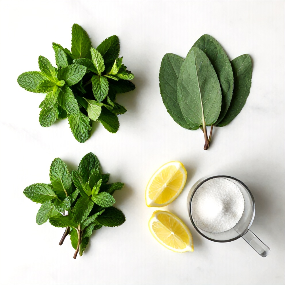 Raw ingredients for Mint Lemon Verbena Iced Tea on a wooden surface