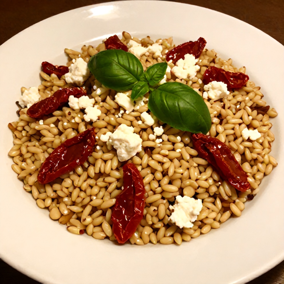 Plated orzo salad with sun-dried tomatoes, feta, and fresh basil