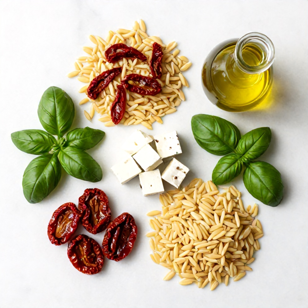 Raw ingredients for orzo salad: orzo pasta, sun-dried tomatoes, feta cheese, fresh basil, olive oil, and vinegar