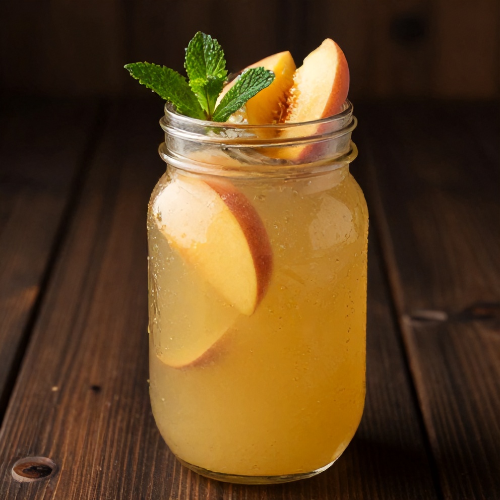 Ginger Peach Lemonade in a mason jar with ice
