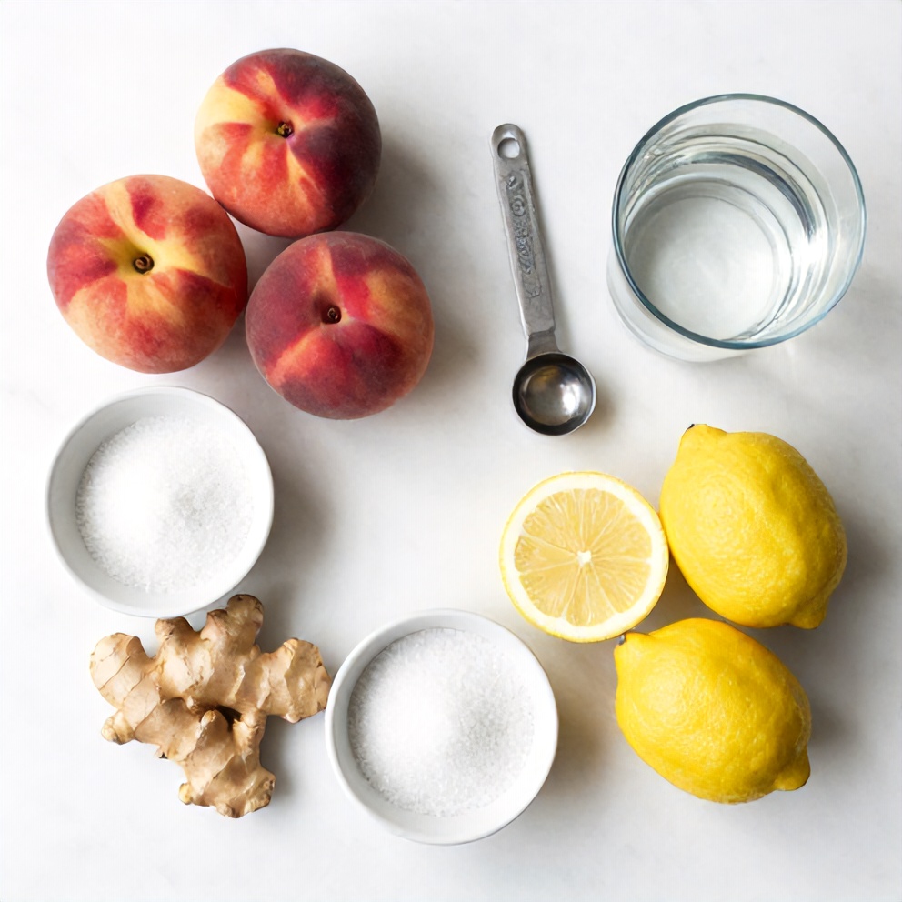 Raw ingredients for Peach Ginger Lemonade on a marble surface