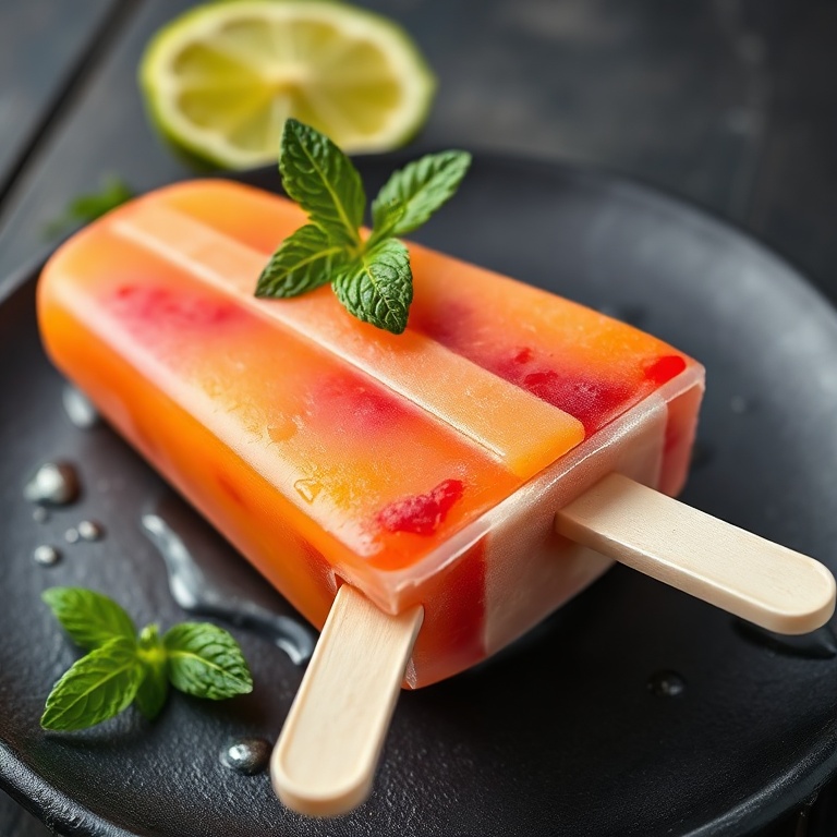 One fully frozen refreshing strawberry mango popsicle pulled from mold, glossy surface, slight fruit pulp texture, served on slate plate with lime wedge