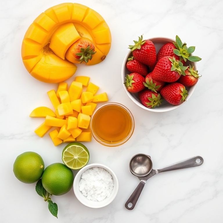 Fresh strawberries, ripe mango, lime, honey, pinch of salt, plus measuring spoons and small glass bowl on white marble