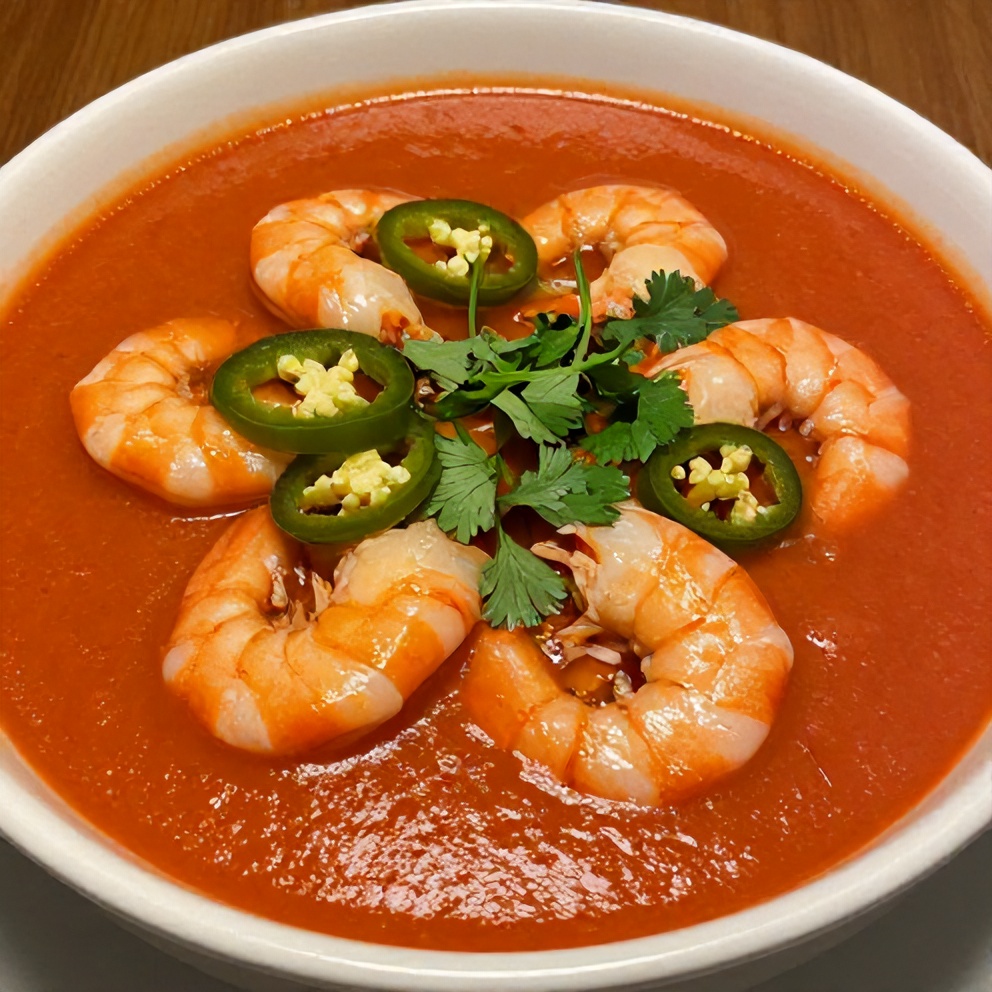 Gazpacho with shrimp garnished with cilantro and served in a bowl