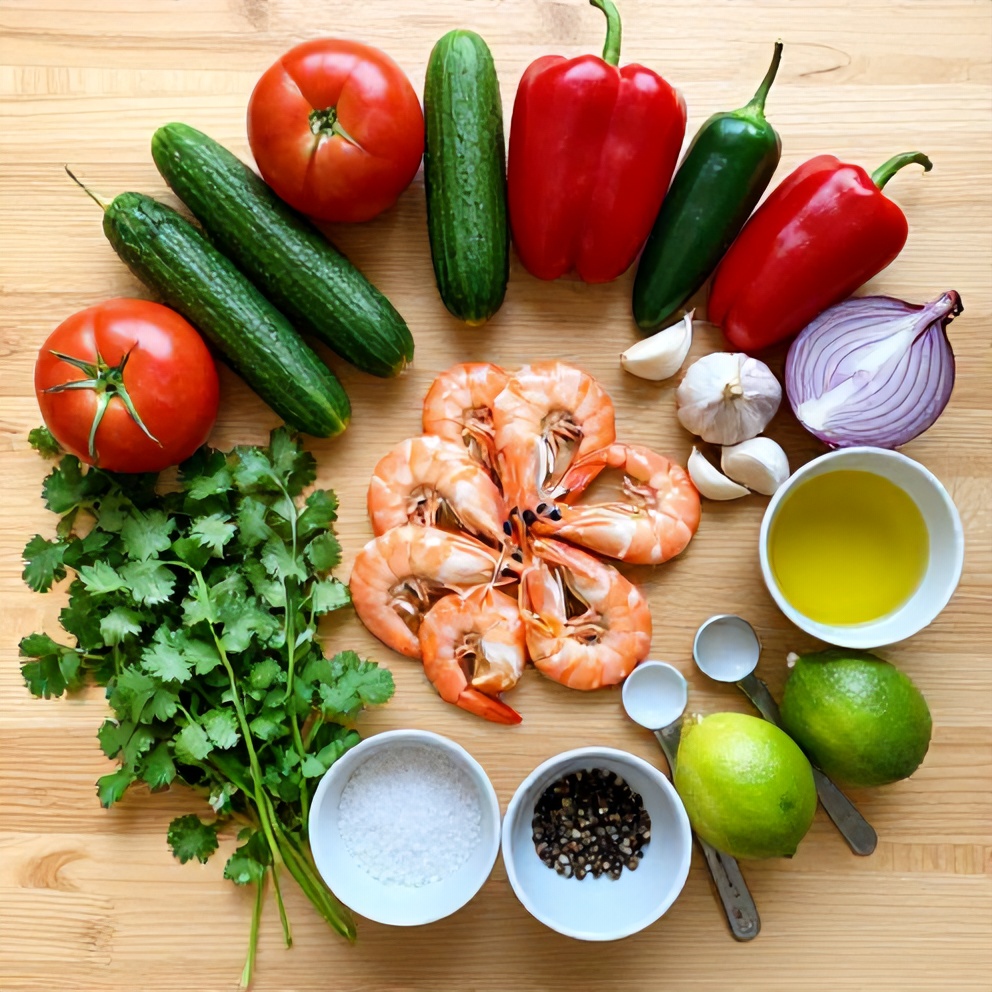 Raw ingredients for gazpacho with shrimp on a wooden surface