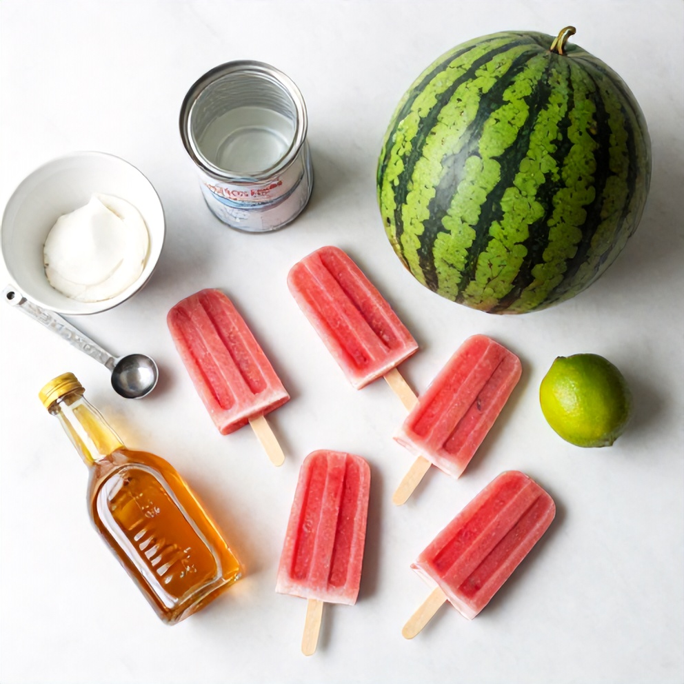 Ingredients for Watermelon Coconut Popsicles on a marble surface