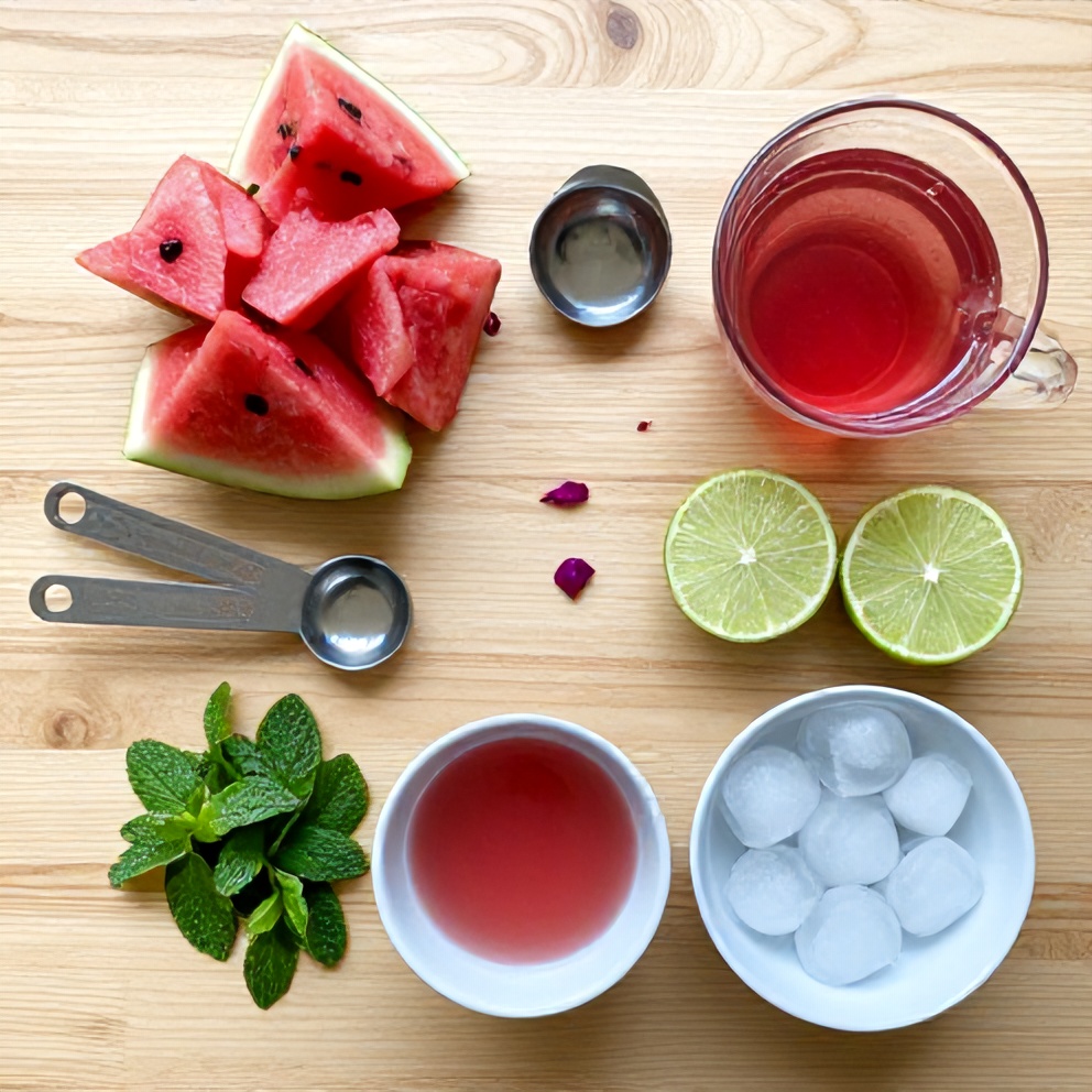 Watermelon, rose syrup, lime, mint, and ice arranged on a wooden surface