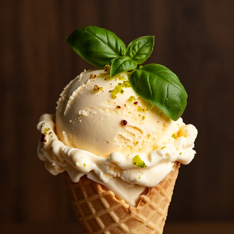 Scoop of Roasted Strawberry Lime Basil Ice Cream on a cone