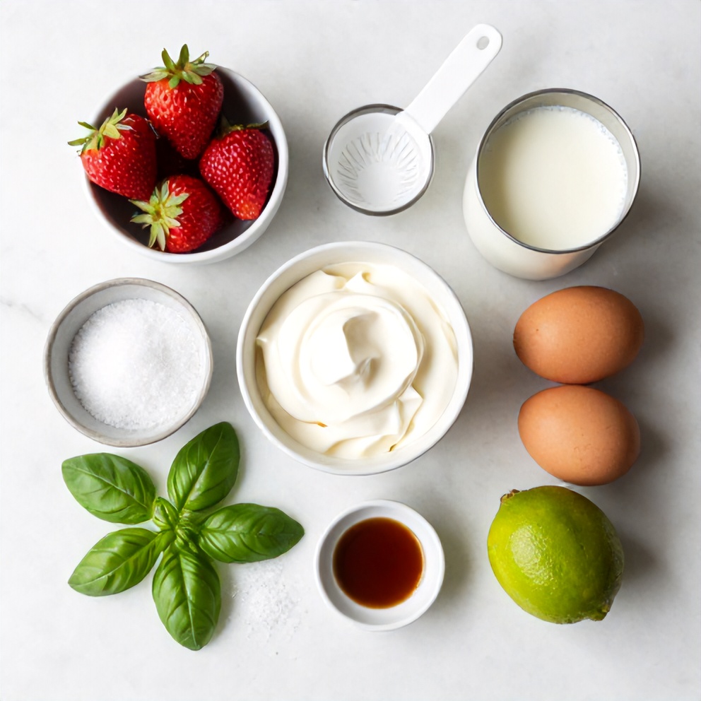Ingredients for Roasted Strawberry Lime Basil Ice Cream on a marble surface