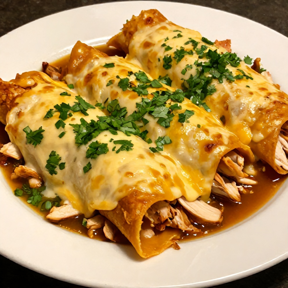 A single plated serving of slow cooker chicken enchiladas garnished with chopped fresh cilantro on a white ceramic plate