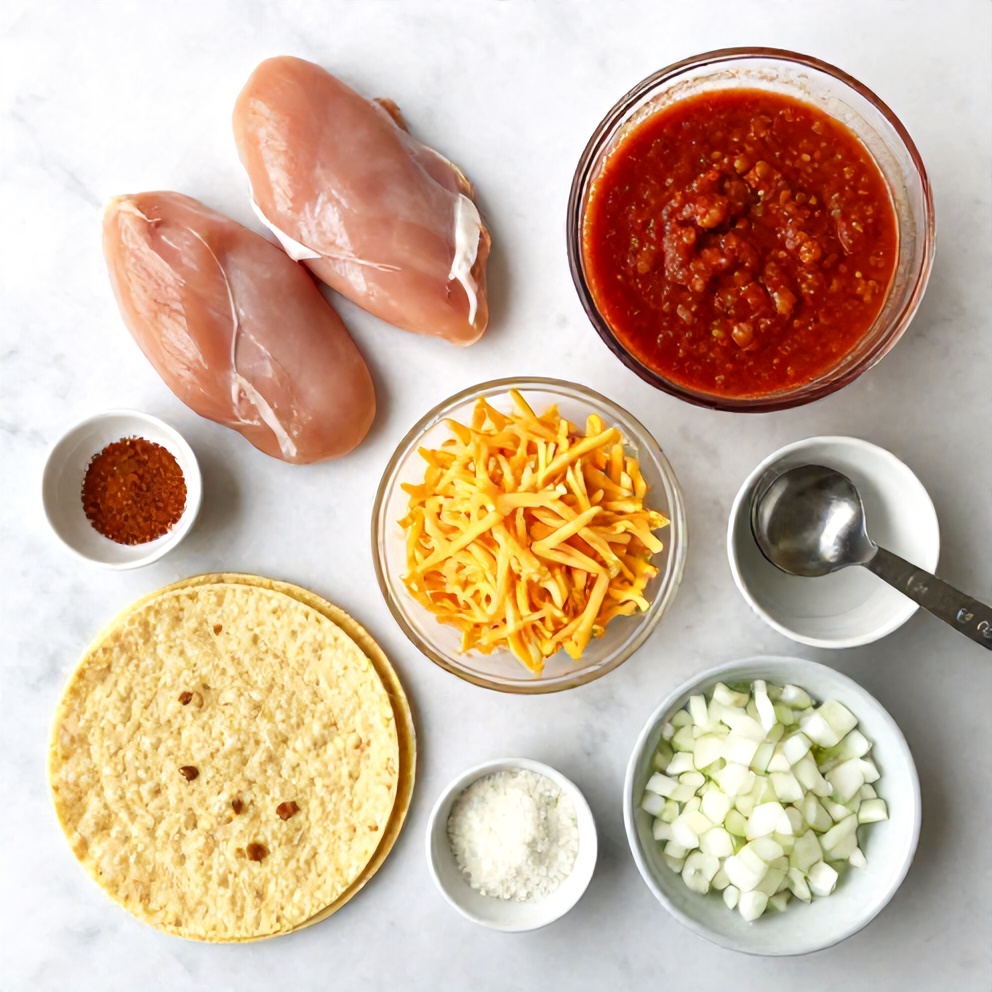 Raw ingredients for slow cooker chicken enchiladas including boneless chicken breasts, red enchilada sauce, shredded cheese, corn tortillas, and diced onions arranged on white marble surface