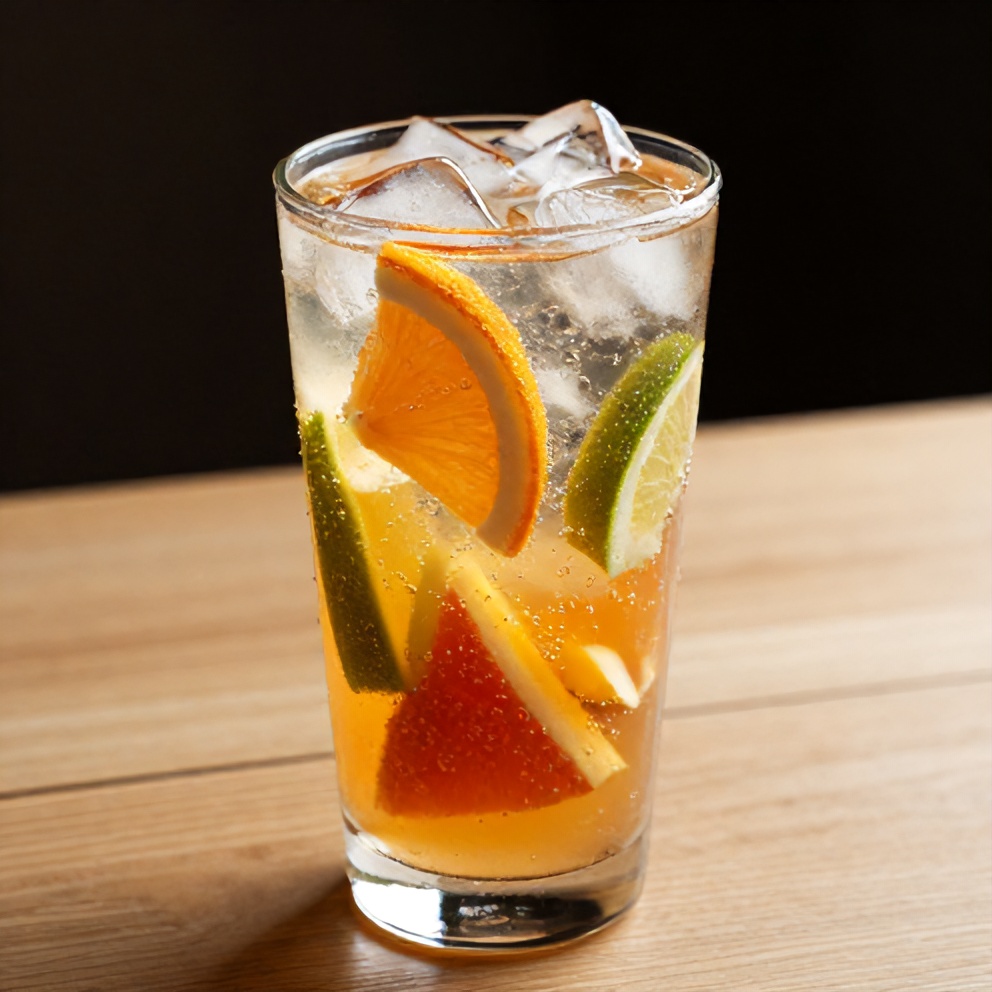 A glass of sparkling fruit punch with fruit slices