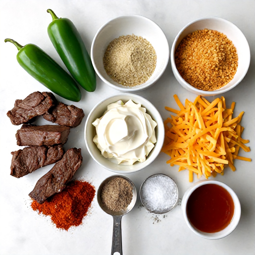Raw ingredients for Spicy Deer Tenderloin Jalapeño Poppers on a marble surface