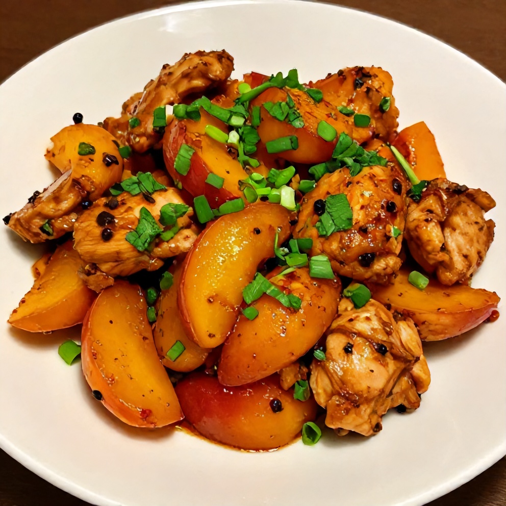Plated Spicy Jalapeño Peach Chicken with garnish