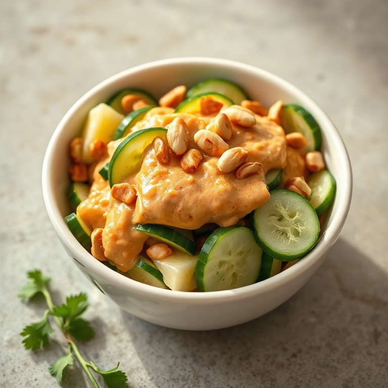 Single serving of spicy peanut cucumber salad garnished with chopped peanuts in a white bowl with warm lighting highlighting texture