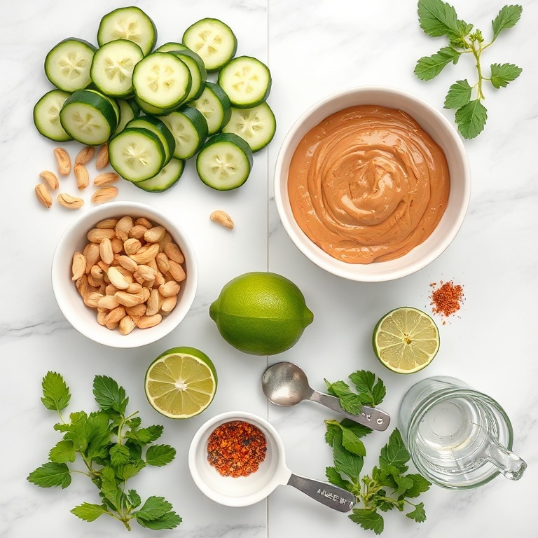 Overhead flat lay of ingredients including cucumbers, peanuts, chili flakes, lime, and peanut sauce alongside prep bowls and measuring spoons