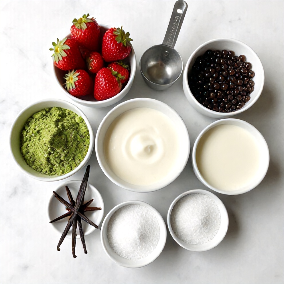 Raw ingredients for Strawberry Matcha Sago Dessert