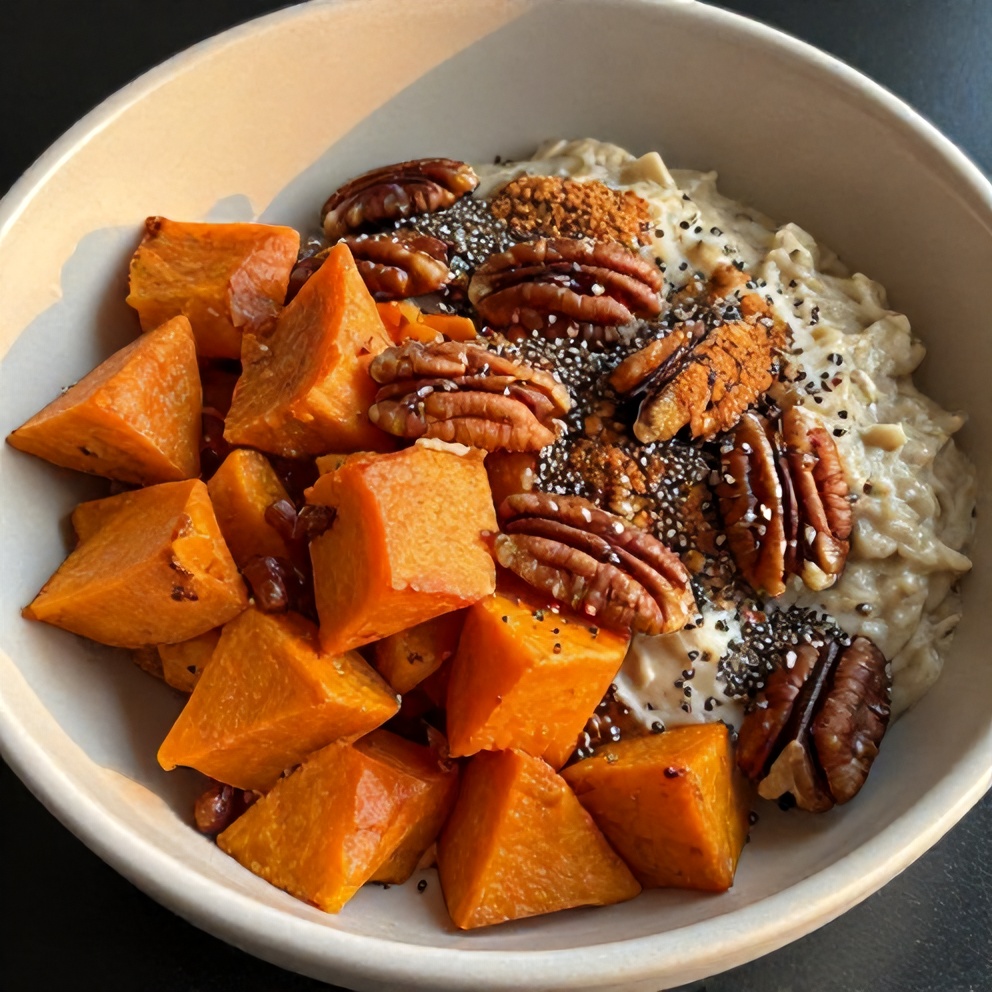 Sweet potato breakfast bowl with maple cinnamon and pecans