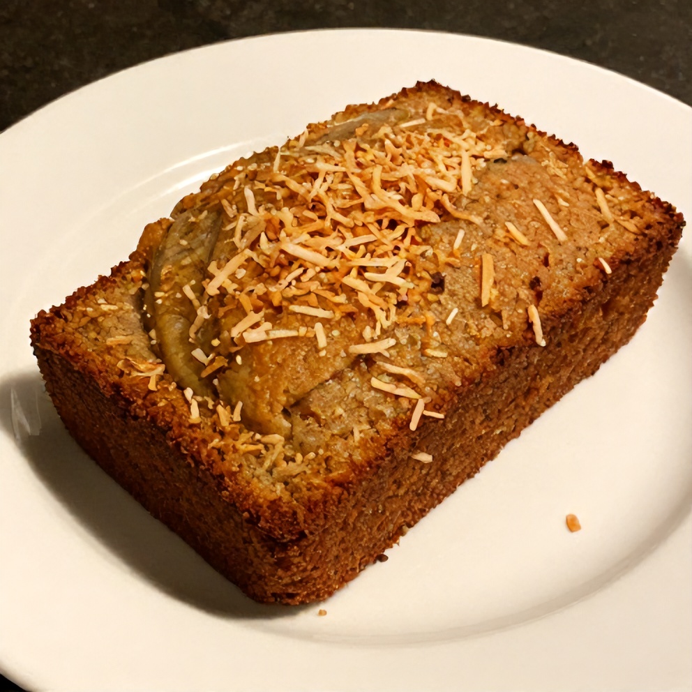 A slice of tropical Hawaiian banana bread plated with a sprinkle of shredded coconut garnish on white plate