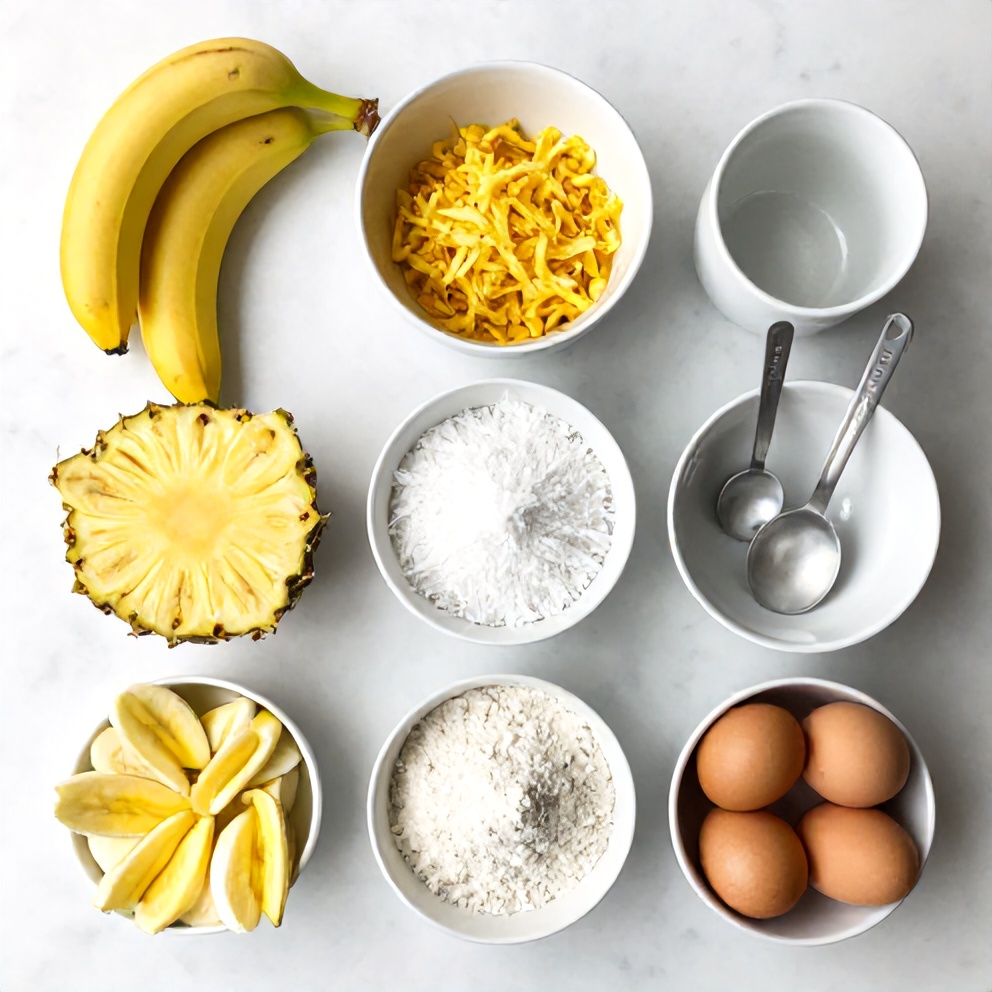 Raw ingredients for tropical Hawaiian banana bread including ripe bananas, crushed pineapple, shredded coconut, flour, sugar in bowls on white marble surface