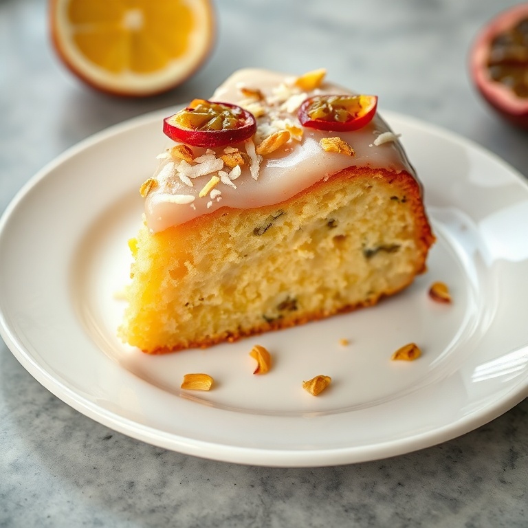 Sliced tropical passionfruit coconut bundt cake on a white ceramic plate with extra toasted coconut and passionfruit drizzle