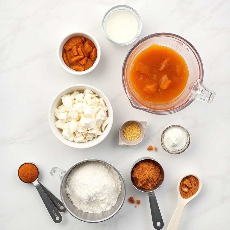 Raw ingredients for tropical passionfruit coconut bundt cake including passionfruit puree, unsweetened coconut flakes, full-fat coconut milk, all-purpose flour, and brown sugar