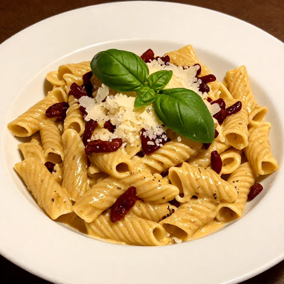 Plated Vegan Sun Dried Tomato Pasta