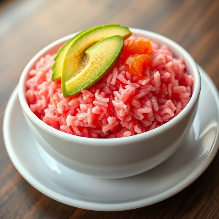 Pink sushi rice in a ceramic rice bowl, topped with avocado slices and pickled ginger, served on slate.