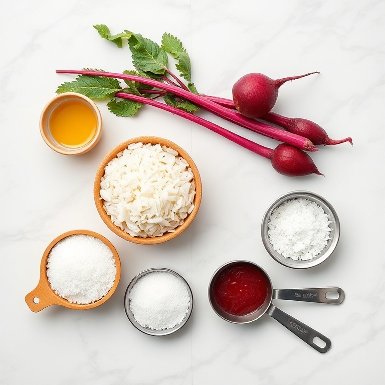 Fresh beets, short-grain sushi rice, rice vinegar, sugar, sea salt, and fresh dill arranged on white marble with bamboo measuring cups and spoons.